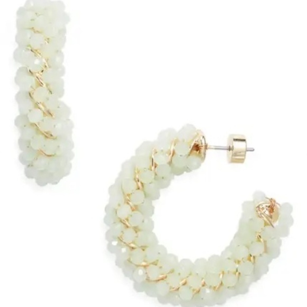 Nordstrom Mint Green Beaded Hoop Statement Earrings with Gold Accents::NWT::